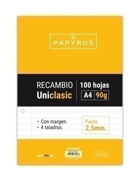 RECAMBIO PAPYRUS UNICLASIC A4 100h 90g 4 TALADROS PAUTA 25 CMARGEN