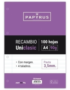 RECAMBIO PAPYRUS UNICLASIC A4 100h 90g 4 TALADROS PAUTA 35 CMARGEN