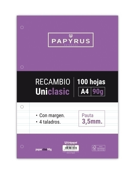 RECAMBIO PAPYRUS UNICLASIC A4 100h 90g 4 TALADROS PAUTA 35 CMARGEN