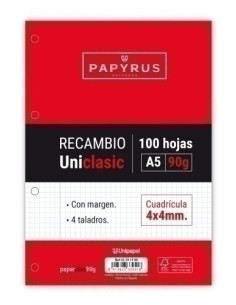 RECAMBIO PAPYRUS UNICLASIC A5 100h 90g 4 TALADROS CUAD4x4 CMARGEN