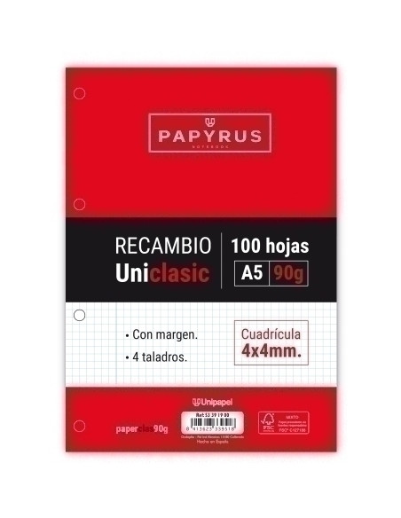 RECAMBIO PAPYRUS UNICLASIC A5 100h 90g 4 TALADROS CUAD4x4 CMARGEN