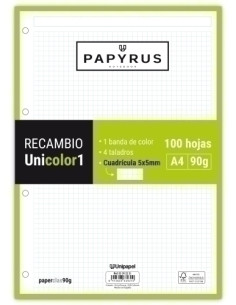 RECAMBIO PAPYRUS UNICOLOR1 A4 100h 90g 4 TALADROS CUAD5x5 LIMA