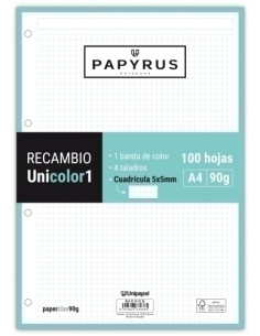 RECAMBIO PAPYRUS UNICOLOR1 A4 100h 90g 4 TALADROS CUAD5x5 MINT