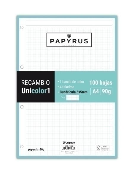 RECAMBIO PAPYRUS UNICOLOR1 A4 100h 90g 4 TALADROS CUAD5x5 MINT
