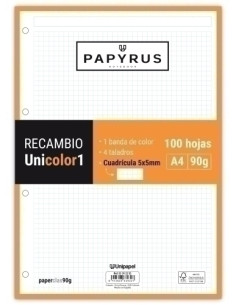 RECAMBIO PAPYRUS UNICOLOR1 A4 100h 90g 4 TALADROS CUAD5x5 NARANJA