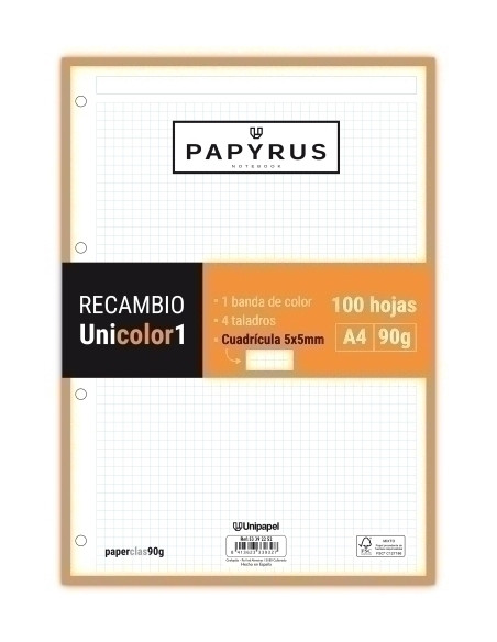 RECAMBIO PAPYRUS UNICOLOR1 A4 100h 90g 4 TALADROS CUAD5x5 NARANJA