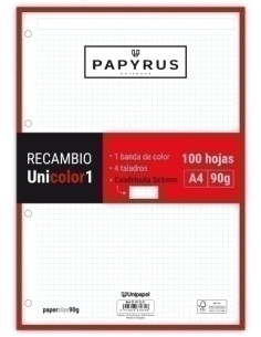 RECAMBIO PAPYRUS UNICOLOR1 A4 100h 90g 4 TALADROS CUAD5x5 ROJO