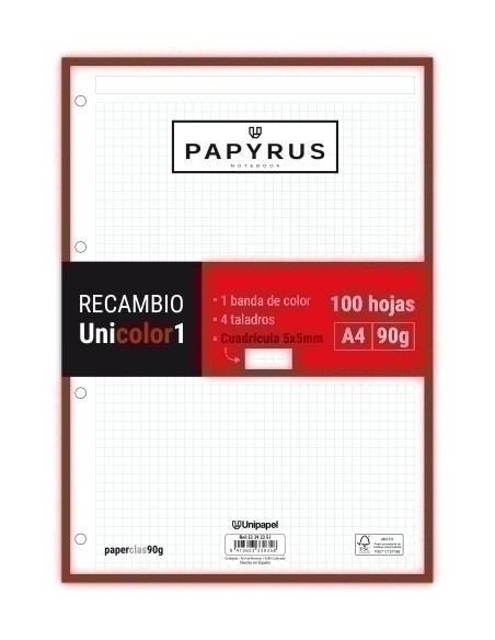 RECAMBIO PAPYRUS UNICOLOR1 A4 100h 90g 4 TALADROS CUAD5x5 ROJO