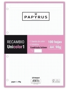 RECAMBIO PAPYRUS UNICOLOR1 A4 100h 90g 4 TALADROS CUAD5x5 ROSA CLARO