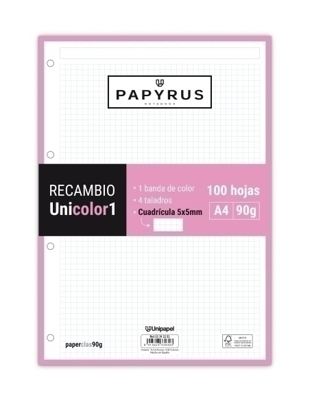 RECAMBIO PAPYRUS UNICOLOR1 A4 100h 90g 4 TALADROS CUAD5x5 ROSA CLARO