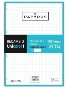 RECAMBIO PAPYRUS UNICOLOR1 A4 100h 90g 4 TALADROS CUAD5x5 TURQUESA