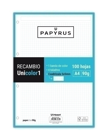 RECAMBIO PAPYRUS UNICOLOR1 A4 100h 90g 4 TALADROS CUAD5x5 TURQUESA