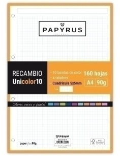 RECAMBIO PAPYRUS UNICOLOR10 A4 160h 90g 4 TALADROS CUAD5x5