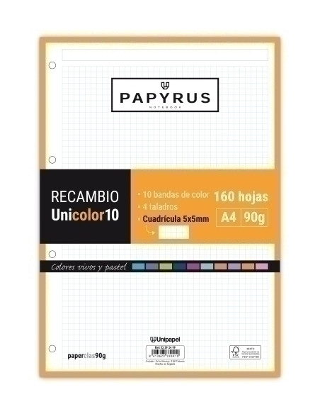 RECAMBIO PAPYRUS UNICOLOR10 A4 160h 90g 4 TALADROS CUAD5x5