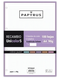 RECAMBIO PAPYRUS UNICOLOR5 A4 100h 90g 4 TALADROS CUAD5x5 COLORES PASTEL