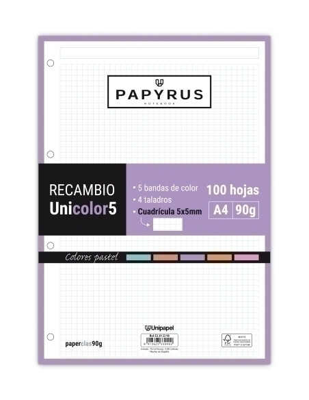 RECAMBIO PAPYRUS UNICOLOR5 A4 100h 90g 4 TALADROS CUAD5x5 COLORES PASTEL