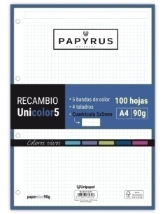 RECAMBIO PAPYRUS UNICOLOR5 A4 100h 90g 4 TALADROS CUAD5x5 COLORES VIVOS