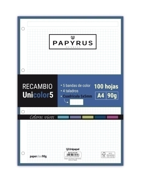 RECAMBIO PAPYRUS UNICOLOR5 A4 100h 90g 4 TALADROS CUAD5x5 COLORES VIVOS