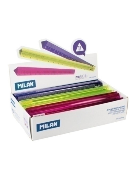 REGLA TRIANGULAR MILAN 15 CMS SURTIDO EXPOSITOR de 60 Amarillo azul y rosa translucido