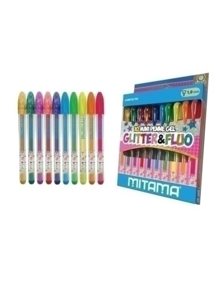ROLLER GEL MITAMA MINI GLITTER Y NEON 1mm ESTUCHE de 10