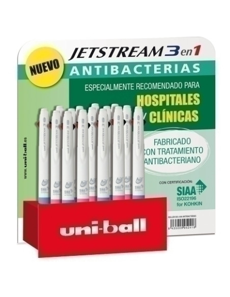 ROLLER GEL RT UNI-BALL JETSTREAM 3 ANTIBACTERIAS 07 SURTIDO EXPOSITOR de 15
