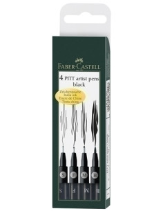 ROTULADOR FIBRA FABER-CASTELL PITT ARTIST PENS NEGROS ESTUCHE de 4  S-F-M-B pincel