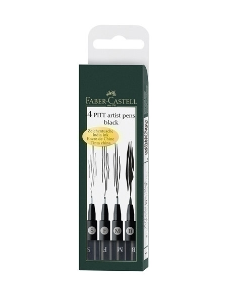 ROTULADOR FIBRA FABER-CASTELL PITT ARTIST PENS NEGROS ESTUCHE de 4  S-F-M-B pincel