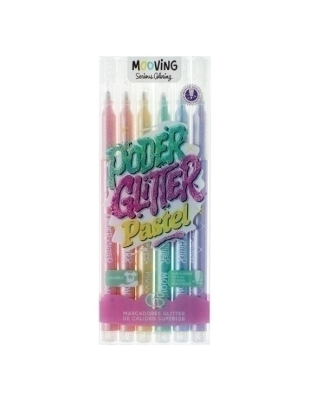 ROTULADOR FIBRA MOOVING COLORES GLITTER PASTEL ESTUCHE de 6