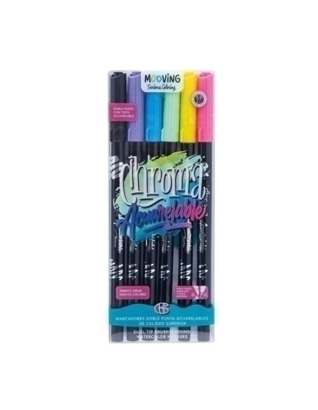 ROTULADOR FIBRA MOOVING DOBLE PUNTA PINCEL ACUARELABLE ESTUCHE de 6