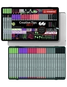 ROTULADOR FIBRA STABILO CREATIVE TIPS ARTY LINE CAJA METAL de 30 puntas de 02 04 07 10 pincel 26 34 46 47 60 95