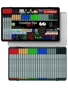 ROTULADOR FIBRA STABILO CREATIVE TIPS ARTY LINE CAJA METAL de 30 puntas de 02 04 07 10 pincel 32 36 44 46 48 95