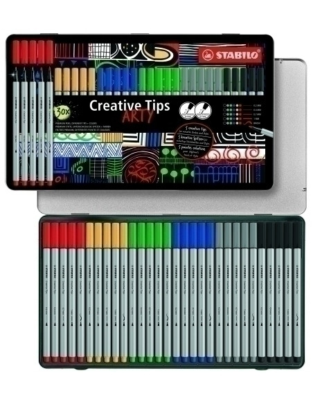 ROTULADOR FIBRA STABILO CREATIVE TIPS ARTY LINE CAJA METAL de 30 puntas de 02 04 07 10 pincel 32 36 44 46 48 95