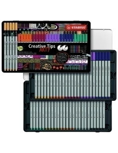 ROTULADOR FIBRA STABILO CREATIVE TIPS ARTY LINE CAJA METAL de 50 puntas de 02 04 07 10 pincel 19 22 30 37 44 46 51 60 89 95