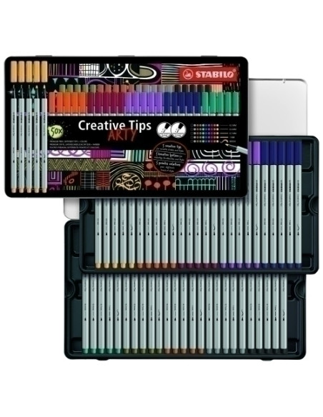 ROTULADOR FIBRA STABILO CREATIVE TIPS ARTY LINE CAJA METAL de 50 puntas de 02 04 07 10 pincel 19 22 30 37 44 46 51 60 89 95