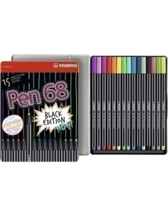 ROTULADOR FIBRA STABILO PEN 68 BLACK EDITION CAJA METALICA de 15