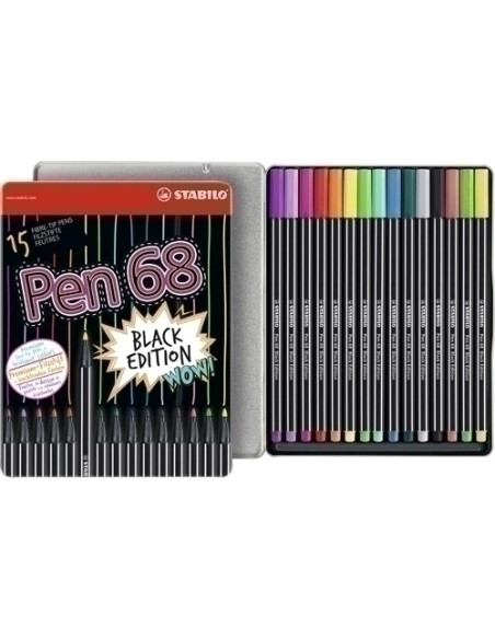 ROTULADOR FIBRA STABILO PEN 68 BLACK EDITION CAJA METALICA de 15