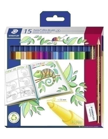 ROTULADOR FIBRA STAEDTLER  323 TRIPLUS COLOR ESTUCHE de 15 Incluye lapiz 183-HB y goma de borrar 526 B4