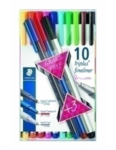 ROTULADOR FIBRA STAEDTLER  334 TRIPLUS FINELINER ESTUCHE de 10  3 udsCOLOR PASTEL de REGALO