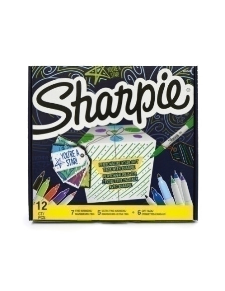 ROTULADOR PERMANENTE SPECIAL PACK SHARPIE  GIFT ON CAJA DE 12 7x FINE 5x ULTRA FINE SET OF TAGS 3 blancas  3 negras de REGALO