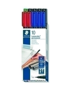 ROTULADOR PERMANENTE STAEDTLER 318 LUMOCOLOR F CAJA de 10 1x 318-5 verde 2x 318-2 rojo 3x 318-3 azul 4x 318-9 negro