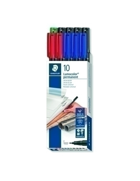 ROTULADOR PERMANENTE STAEDTLER 318 LUMOCOLOR F CAJA de 10 1x 318-5 verde 2x 318-2 rojo 3x 318-3 azul 4x 318-9 negro