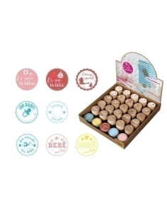 SELLO COLOP WOODIES Ø30mm MOTIVOS VARIADOS DE BEBES EXPOSITOR DE 25 Contiene 25 sellos y 5 tampones de colores surtidos