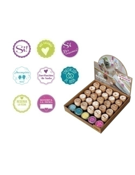 SELLO COLOP WOODIES Ø30mm MOTIVOS VARIADOS DE BODAS EXPOSITOR DE 25 Contiene 25 sellos y 5 tampones de colores surtidos