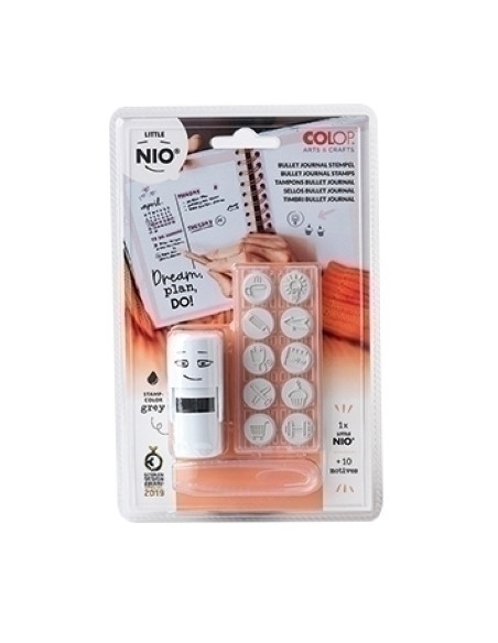 SELLO entAUT COLOP PRINTER LITTLE NIO Ø17mm CON 10 GOMAS INTERCAMBIABLES CON MOTIVOS BULLET JOURNAL GRIS 154575