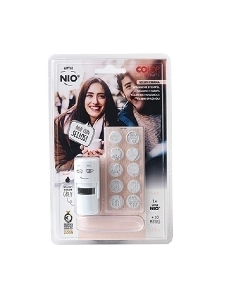 SELLO entAUT COLOP PRINTER LITTLE NIO Ø17mm CON 10 GOMAS INTERCAMBIABLES CON MOTIVOS SURTIDOS GRIS 154851