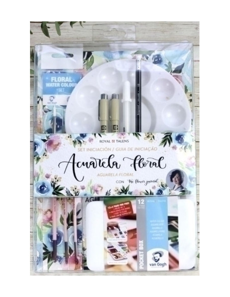 SET ACUARELA FLORAL VAN GOGH INICIACION 15 pastillasblocacuarelasRotuladores calibradosPincelesPaleta de plastico