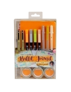 SET BULLET JOURNAL SAKURA INICIACION NARANJA Rotuladores de punta pincelRotulador calibradoBloc de tapa duraCintas washi tapes