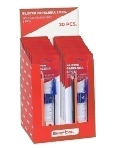 SET PAPELERIA SAFTA 6 PIEZAS EXPOSITOR DE 20 2x lapiz HB 1x boligrafo azul 1x afila 1x goma 1x regla 15 cm