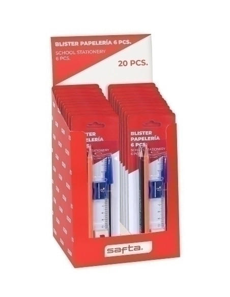 SET PAPELERIA SAFTA 6 PIEZAS EXPOSITOR DE 20 2x lapiz HB 1x boligrafo azul 1x afila 1x goma 1x regla 15 cm