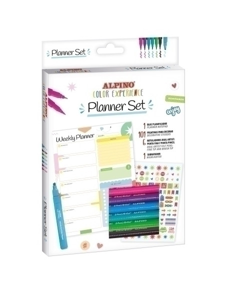 SET PLANNER COLOR EXPERIENCE 6 rotuladores de punta pincel  1 subrayador  bloc planificador  101 pegatinas para decorar